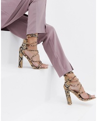 Светло-коричневые кожаные босоножки на каблуке со змеиным рисунком от SIMMI Shoes