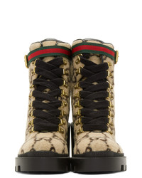 Светло-коричневые кожаные ботильоны на шнуровке с принтом от Gucci