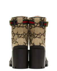 Светло-коричневые кожаные ботильоны на шнуровке с принтом от Gucci