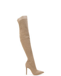 Светло-коричневые кожаные вязаные ботфорты