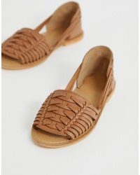 Светло-коричневые кожаные плетеные сандалии на плоской подошве от ASOS DESIGN