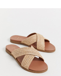 Светло-коричневые кожаные плетеные сандалии на плоской подошве от New Look Wide Fit