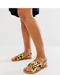 Светло-коричневые кожаные сандалии на плоской подошве с леопардовым принтом от ASOS DESIGN