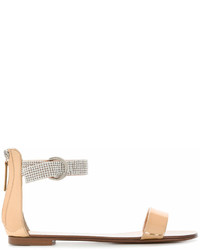Светло-коричневые кожаные сандалии на плоской подошве с украшением от Giuseppe Zanotti Design