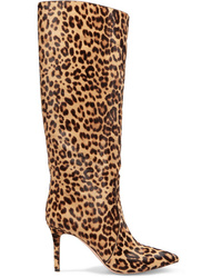 Светло-коричневые кожаные сапоги с леопардовым принтом