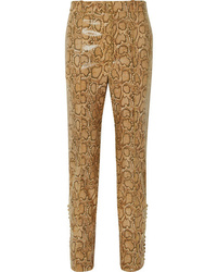 Светло-коричневые кожаные узкие брюки со змеиным рисунком