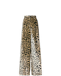 Светло-коричневые кожаные широкие брюки с леопардовым принтом