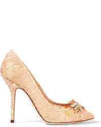 Светло-коричневые кружевные туфли с украшением от Dolce & Gabbana