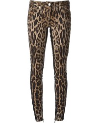 Светло-коричневые узкие брюки с леопардовым принтом от Roberto Cavalli