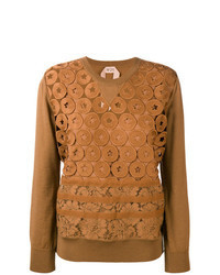 Светло-коричневый кружевной свитер с круглым вырезом с вышивкой
