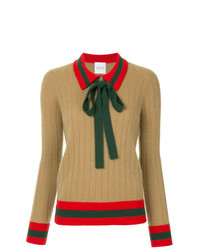 Женский светло-коричневый свитер с v-образным вырезом в горизонтальную полоску от Madeleine Thompson