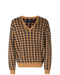Светло-коричневый свитер с v-образным вырезом с принтом