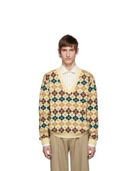 Светло-коричневый свитер с v-образным вырезом с ромбами