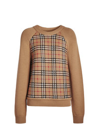 Женский светло-коричневый свитер с круглым вырезом в шотландскую клетку от Burberry