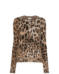 Светло-коричневый свитер с круглым вырезом из мохера с леопардовым принтом