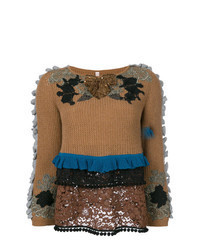 Светло-коричневый свитер с круглым вырезом с вышивкой
