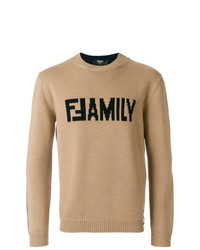 Мужской светло-коричневый свитер с круглым вырезом с вышивкой от Fendi