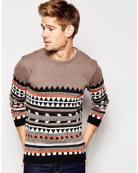 Светло-коричневый свитер с круглым вырезом с геометрическим рисунком