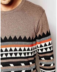 Мужской светло-коричневый свитер с круглым вырезом с геометрическим рисунком от Asos