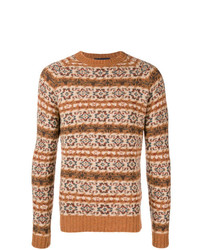 Мужской светло-коричневый свитер с круглым вырезом с жаккардовым узором от Lardini