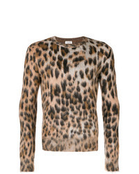 Светло-коричневый свитер с круглым вырезом с леопардовым принтом