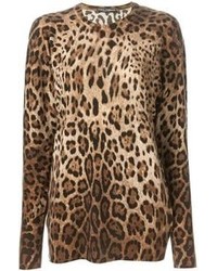 Светло-коричневый свитер с круглым вырезом с леопардовым принтом
