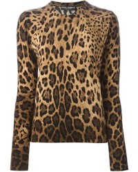 Женский светло-коричневый свитер с круглым вырезом с леопардовым принтом от Dolce & Gabbana