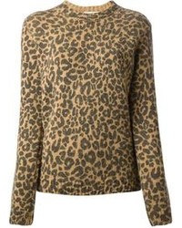 Женский светло-коричневый свитер с круглым вырезом с леопардовым принтом