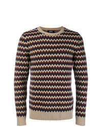 Светло-коричневый свитер с круглым вырезом с узором зигзаг