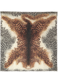 Светло-коричневый шелковый шарф с леопардовым принтом