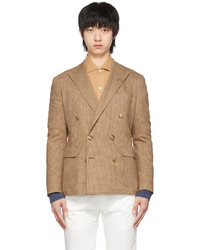 Светло-коричневый шерстяной двубортный пиджак с узором "гусиные лапки"
