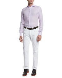 Светло-фиолетовая льняная рубашка с длинным рукавом
