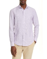 Светло-фиолетовая льняная рубашка с длинным рукавом в вертикальную полоску