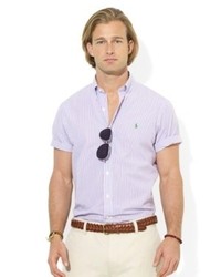 Светло-фиолетовая рубашка с коротким рукавом в вертикальную полоску