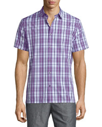 Светло-фиолетовая рубашка с коротким рукавом в шотландскую клетку