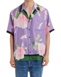 Светло-фиолетовая шелковая рубашка с коротким рукавом с цветочным принтом