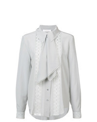 Серая кружевная блузка с длинным рукавом с рюшами