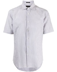 Мужская серая льняная рубашка с коротким рукавом в вертикальную полоску от D'urban