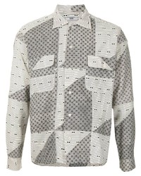 Мужская серая рубашка с длинным рукавом в стиле пэчворк от Bode
