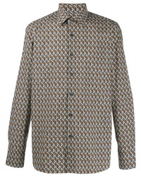 Мужская серая рубашка с длинным рукавом с геометрическим рисунком от Prada