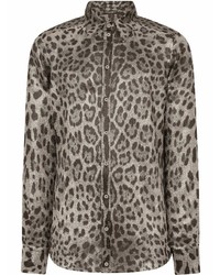 Мужская серая рубашка с длинным рукавом с леопардовым принтом от Dolce & Gabbana