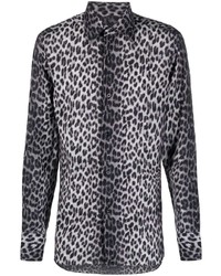 Мужская серая рубашка с длинным рукавом с леопардовым принтом от Tom Ford