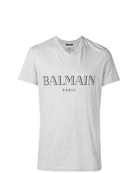 Мужская серая футболка с v-образным вырезом с принтом от Balmain