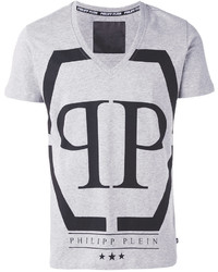 Мужская серая футболка с v-образным вырезом с принтом от Philipp Plein
