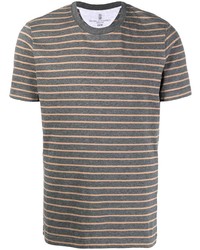 Мужская серая футболка с круглым вырезом в горизонтальную полоску от Brunello Cucinelli