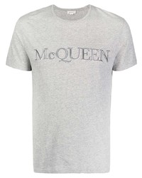 Мужская серая футболка с круглым вырезом с вышивкой от Alexander McQueen
