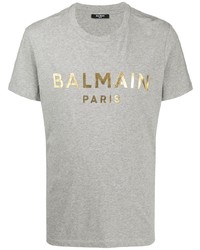 Мужская серая футболка с круглым вырезом с принтом от Balmain