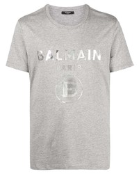 Мужская серая футболка с круглым вырезом с принтом от Balmain