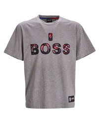 Мужская серая футболка с круглым вырезом с принтом от BOSS