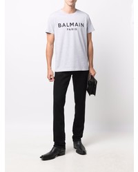 Мужская серая футболка с круглым вырезом с принтом от Balmain